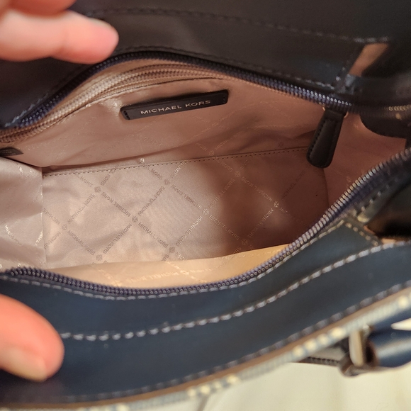 Michael Kors Hamilton Small Logo Embossed Washed Denim Satchel - Picture 11 of 13